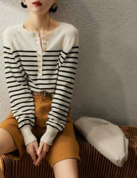 Button Detailed Striped Wool Pullover