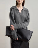 Solid Color Loose V-Neck Long-Sleeved Sweater