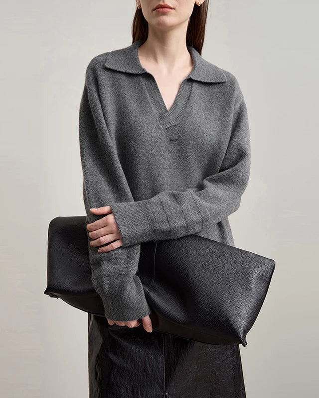 Solid Color Loose V-Neck Long-Sleeved Sweater