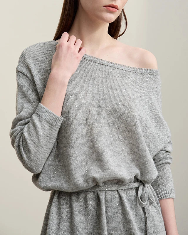Stylish Round Neck Off-Shoulder Tie Sweater