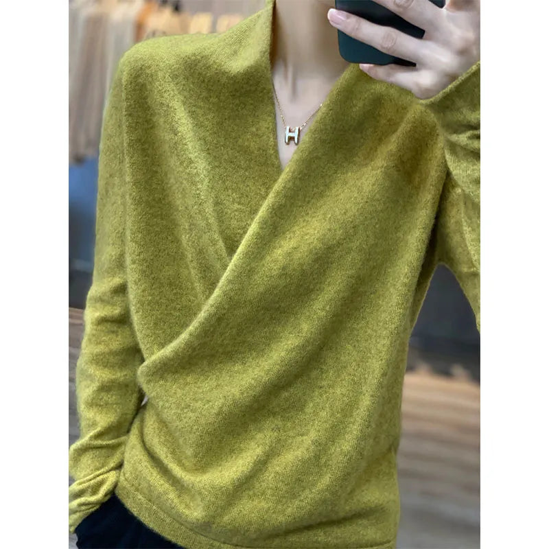 V-neck Wrap Style 100% Wool Knitted Sweater