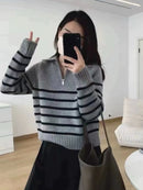 Half Zipper Striped Pure Cashmere Pullover