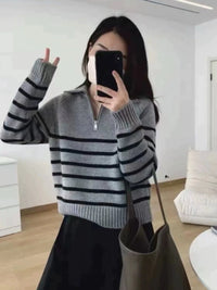 Half Zipper Striped Pure Cashmere Pullover