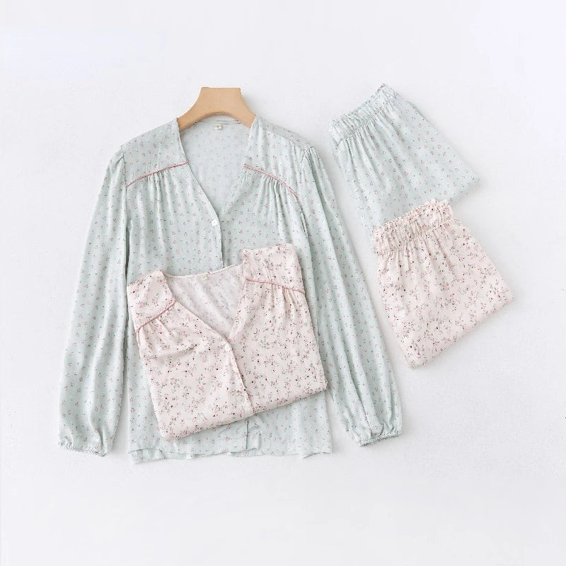 Long-sleeved Shirt & Pants Satin Pajamas Set