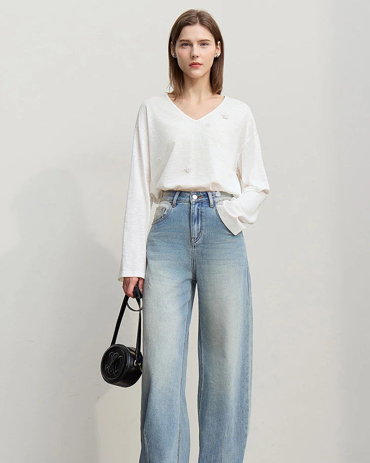 Long-Sleeved V-Neck Loose-Fitting Pullover T-Shirt