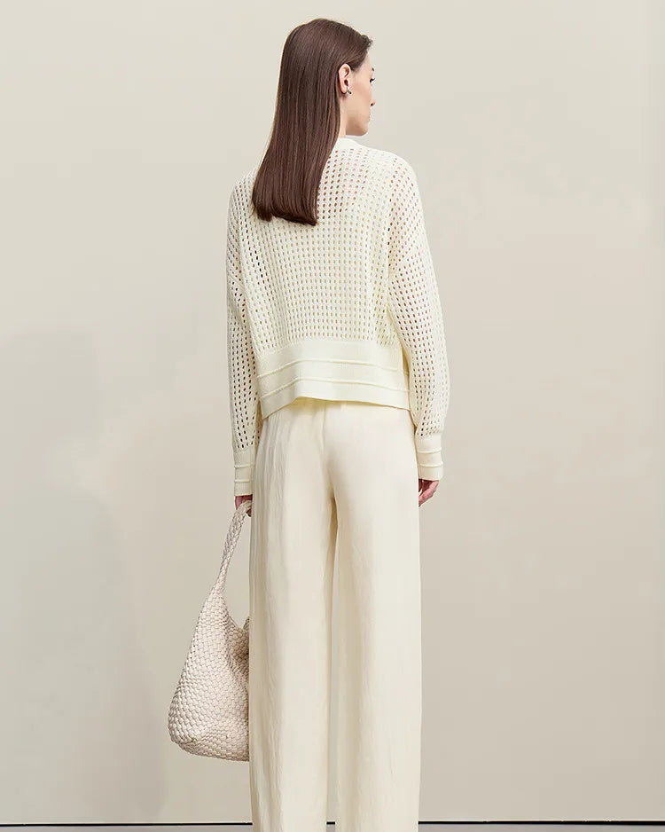 Casual Drop-Shoulder Sleeve Openwork Knit Sweater