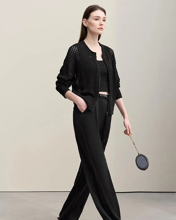 Casual Drop-Shoulder Sleeve Openwork Knit Sweater