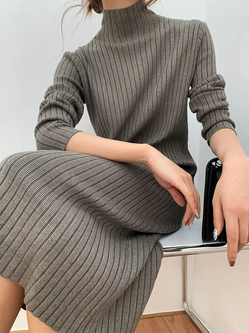 Long Sleeved Ribbed Knitted Turtleneck Sweater Dress