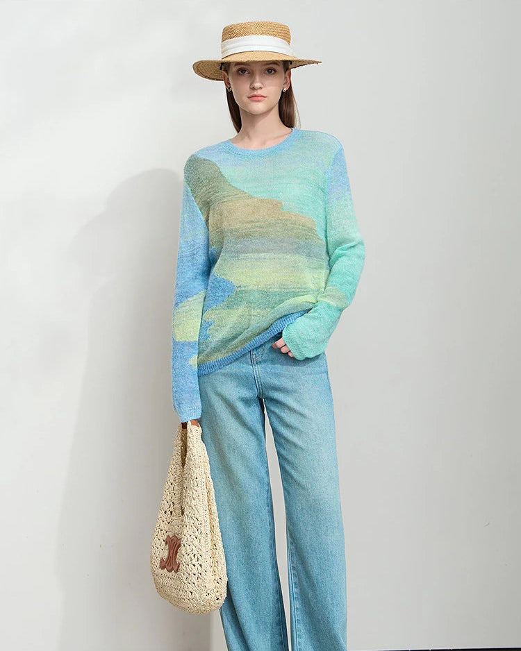 Round Neck Color-Blocked Long-Sleeved Knit Cardigan