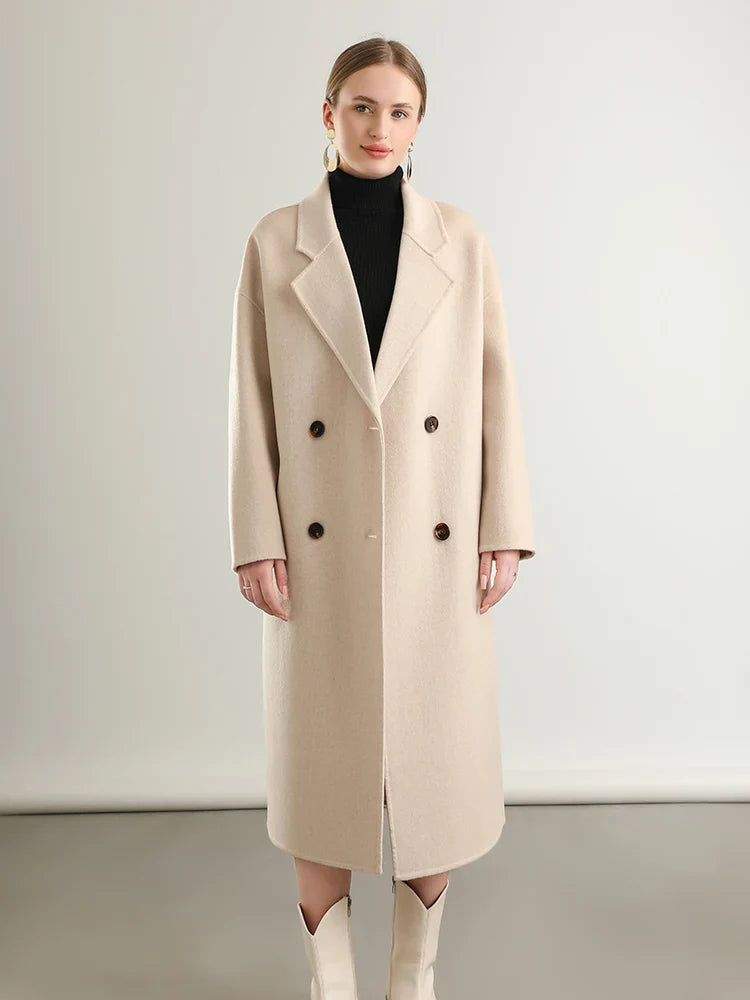 Classic Double-Breasted 100% Wool Long Coat