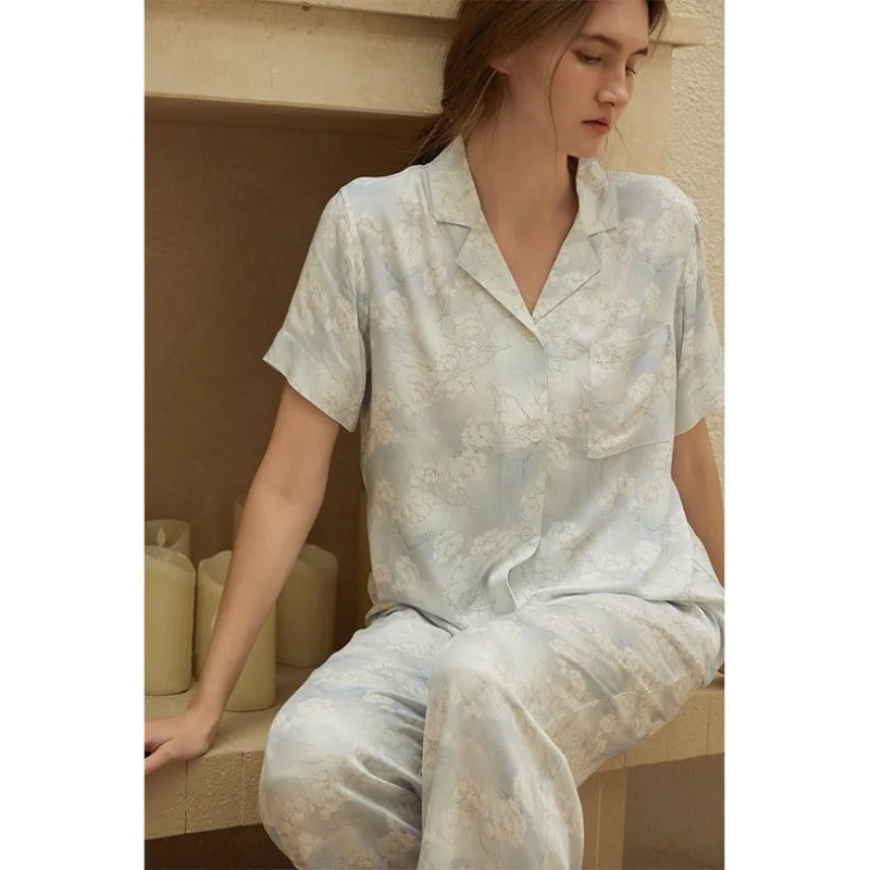 Satin Printed Short-sleeved Shirt & Long Pants Pajama Set