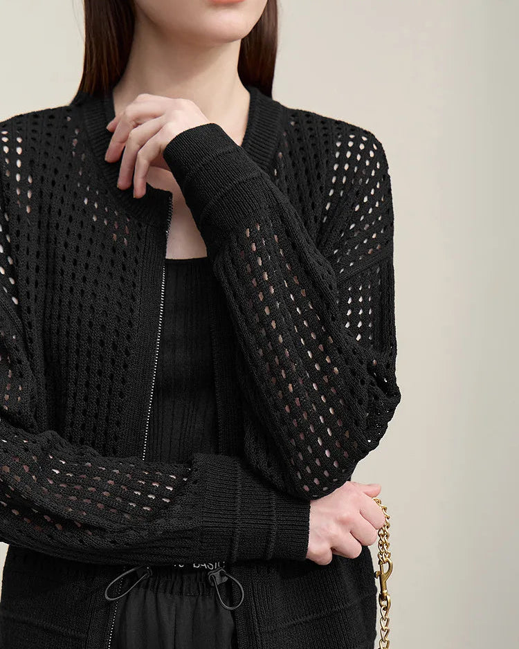 Casual Drop-Shoulder Sleeve Openwork Knit Sweater