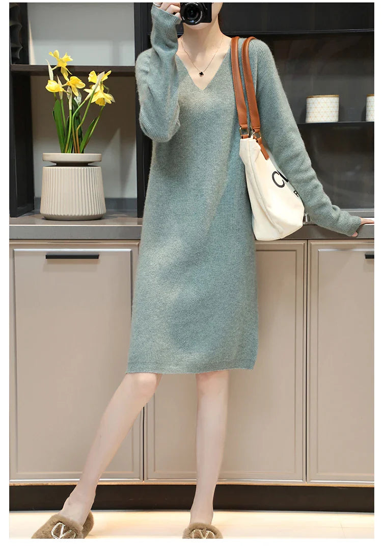 V-Neck 100% Merino Wool Knitted Dress GentleHerd