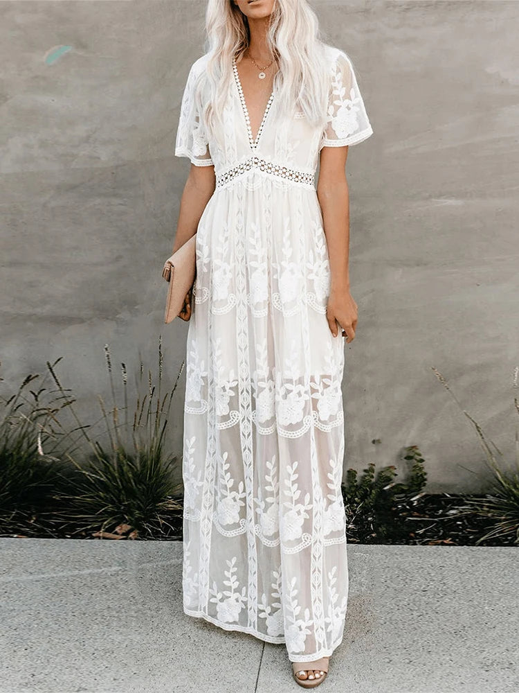 Embroidery Boho Lace Maxi Dress