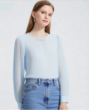 Elegant plus size long-sleeved shirt featuring O-neck collar and single breasted closure. Crafted from premium satin with tatting weave technique, this slim fit polyester blouse offers sophisticated style and comfortable standard thickness for women's formal and casual occasions.