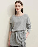 Knitted Sweater Top Spring Collection featuring round neck, off-shoulder design with adjustable belt, perfect for women's daily casual wear and spring fashion outfits.