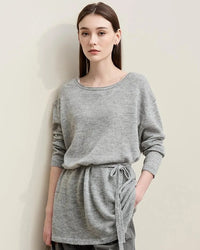 Knitted Sweater Top Spring Collection featuring round neck, off-shoulder design with adjustable belt, perfect for women's daily casual wear and spring fashion outfits.