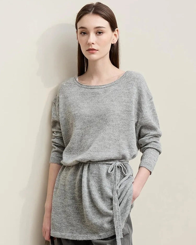 Stylish Round Neck Off-Shoulder Tie Sweater