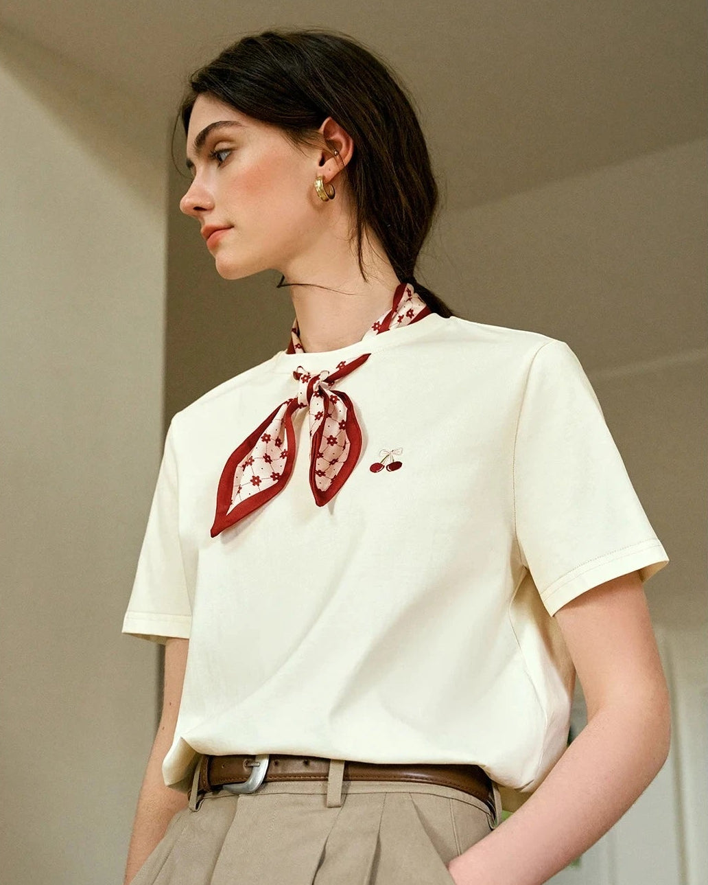 T-Shirt With Embroidered Scarf At The Neckline