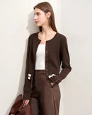 Knit Cardigan for women features autumn commuter style with O-neck, spliced short wool stripe design and slim long sleeves for elegant daily wear.