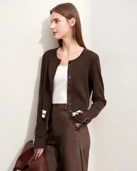 Knit Cardigan for women features autumn commuter style with O-neck, spliced short wool stripe design and slim long sleeves for elegant daily wear.