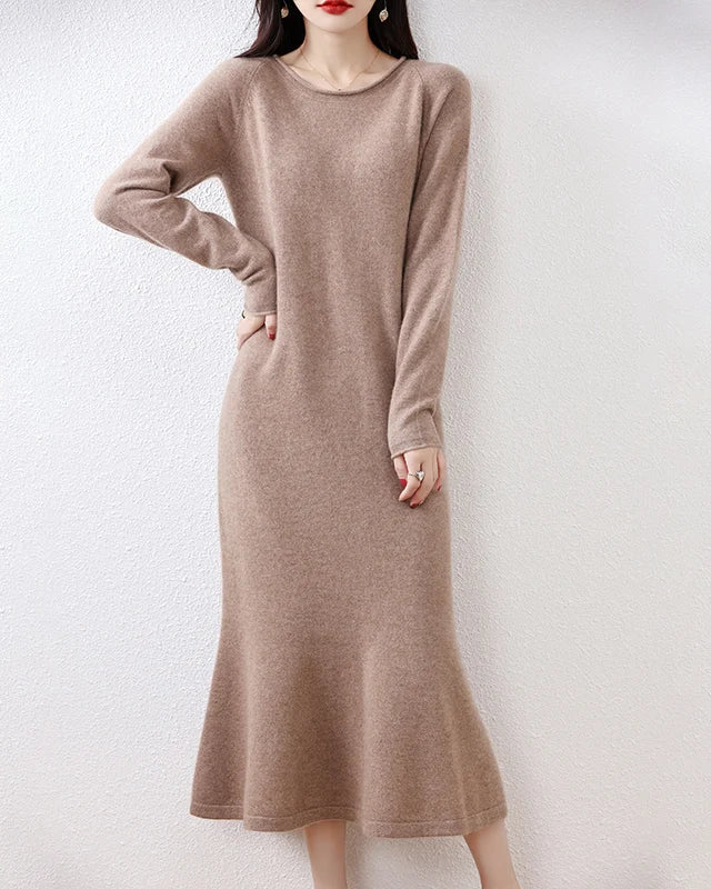 Wool Round-Neck Rolled-Hem Mermaid Long Dress
