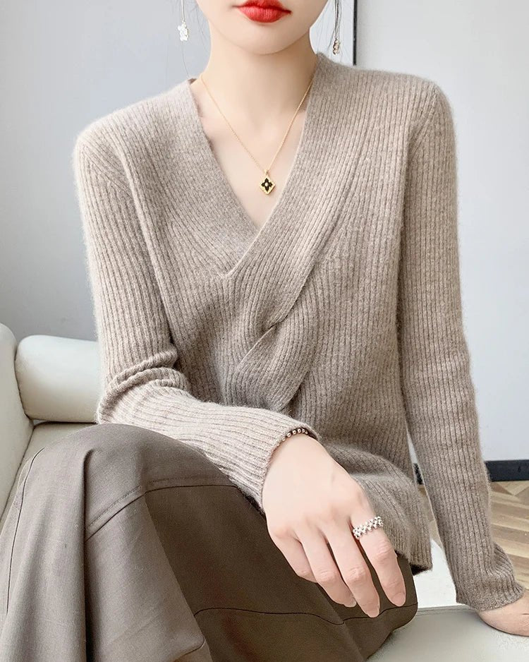 Wool V-Neck Crossover Pullover Sweater