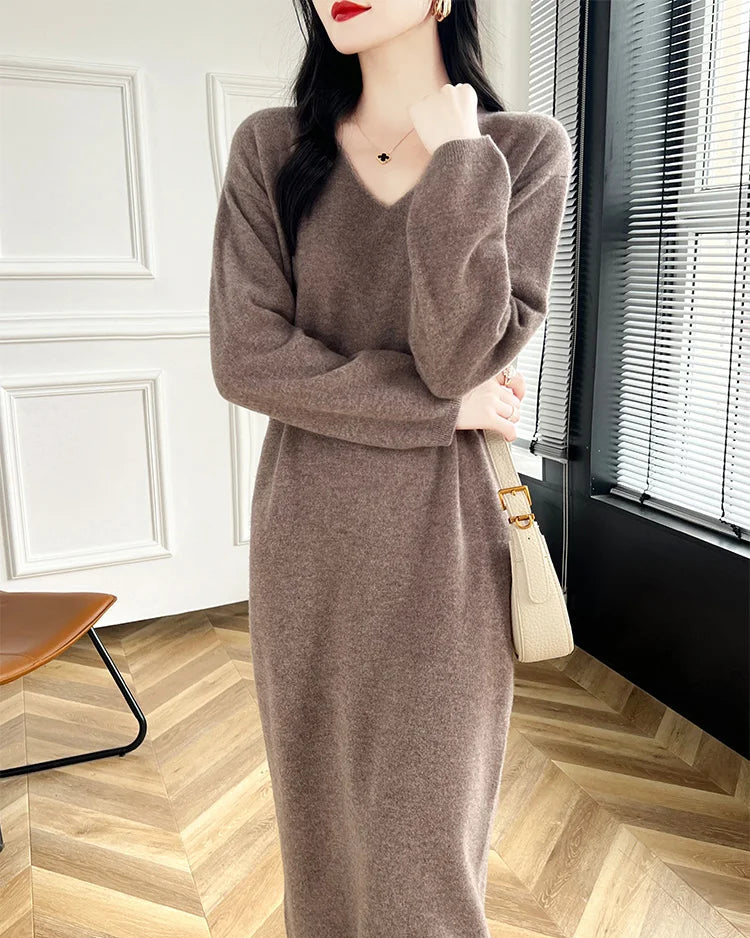 Wool V-Neck Long Sweater Dress