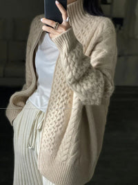 High-Collar Zip-Up Wool Cardigan Coat